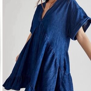 Free People Denim V-Neck Tiered Tunic babydoll dress size M good condition